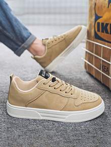 Sepatu Skate Pria Minimalis Warna Khaki dengan Tali Pengikat, Sepatu Sneaker Kasual Modis untuk Pemakaian Sehari-hari, Bepergian, dan Berjalan Kaki, Cocok untuk Semua Musim - Khaki - View 5