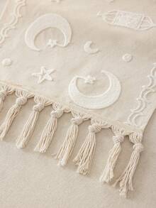 1pc Ramadan Decor Crescent Moon & Star Embroidered Table Runner With Tassels, Suitable For Ramadan Use, Perfect For Home & Dining Room Decoration, Can Be Used As Kitchen Dining Table Center Piece, Durable Fabric Material