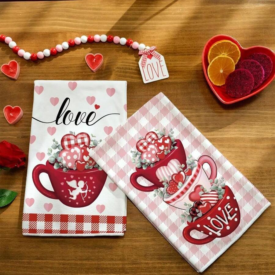 2 Large Valentine's Day New Design Dish Towel Kitchen Hand Towel Absorbent Dishwashing Cloth Tablecloth Wipes - 15.75x18.9 Inches - View 1