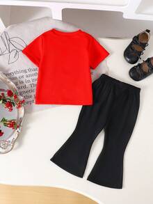 2件套女婴可爱红色短袖T恤+黑色裤子套装，春夏款 - 紅色 - 查看 2