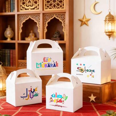 Hộp quà Eid Mubarak 12 chiếc, hộp giấy cầm tay in hình tiếng Ả Rập nhiều màu sắc, hộp quà Ramadan Kareem dùng cho lễ hội, đựng kẹo và bánh quy.