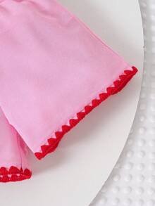两件套女婴春夏套装，Polo领设计，樱花刺绣短袖上衣，领口和下摆饰有波浪形红色滚边，休闲宽松版型，舒适方便日常穿着和活动 - 粉色 - 查看 8