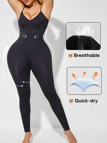 Women's Spaghetti Strap Jumpsuit, Low Back Tummy Control Shapewear Leggings - Black - View 3