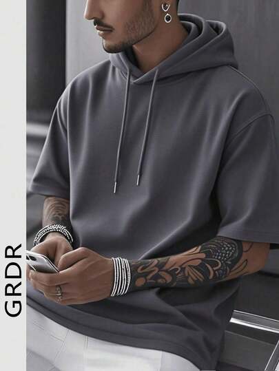  Camiseta con capucha de manga corta de unicolor y estilo casual para hombres GRDR