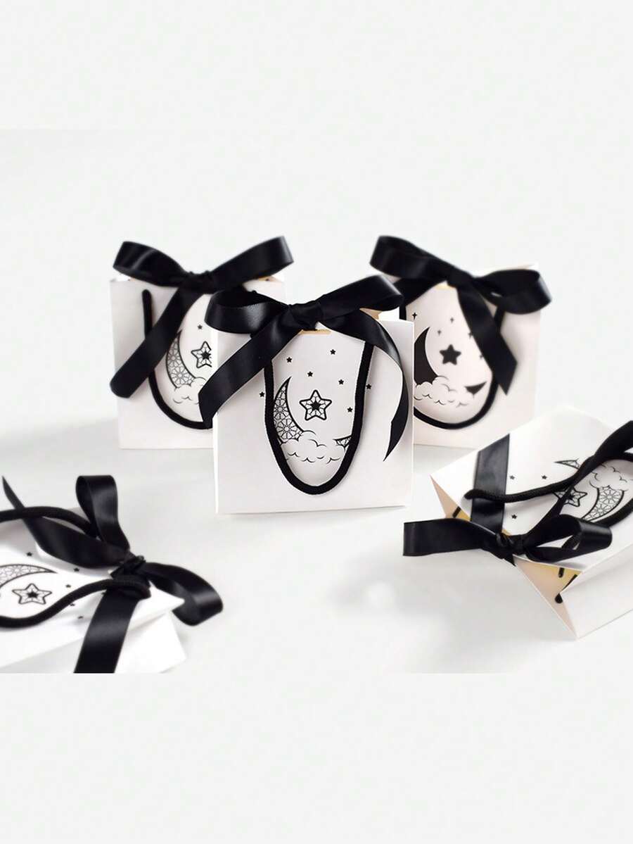 10个中秋节简约黑白小手提袋，配黑色蝴蝶结，商务礼品包装袋 - 彩色 - 查看 1