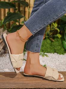 Women's Fashion Pleated Strap Square Toe Casual Versatile Outdoor Beach Sandals, Solid Color Flat Slippers - Light Grey - View 7