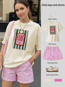 Canned Fish Print Loose Short Sleeve Top And Striped Shorts Set, Women Summer Casual 2-Piece Outfit, Beachwear, Chinese New Year, Lunar New Year, Year Of The Horse, Spring Festival, Happy New Year, Valentine's Day, Valentine's Day Gift, Back To School Clothes, School Outfit Ideas, Back To School Essentials, First Day Of School Outfit, Back To School Outfits 2026 - Multicolor - View 1