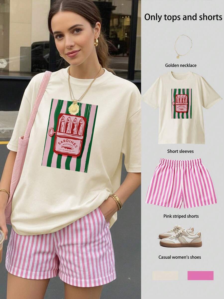 Canned Fish Print Loose Short Sleeve Top And Striped Shorts Set, Women Summer Casual 2-Piece Outfit, Beachwear, Chinese New Year, Lunar New Year, Year Of The Horse, Spring Festival, Happy New Year, Valentine's Day, Valentine's Day Gift, Back To School Clothes, School Outfit Ideas, Back To School Essentials, First Day Of School Outfit, Back To School Outfits 2026 - Multicolor - View 1