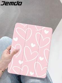 1个粉色线条爱心图案平板电脑保护套，三折式支架保护壳，兼容苹果10.2英寸平板电脑、苹果Pro 2021/2020款/苹果（A16）11英寸第11代/2025款/第10代平板电脑、三星Galaxy Tab A8 10.5英寸2022款、Matepad 10.4/Tab/平板电脑，防摔，带笔槽，支持睡眠/唤醒功能，情人节礼物 - 彩色 - 查看 2