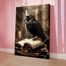 1pc Vintage Wooden Framed Canvas Prints Poster, Gothic Witch & Crow Canvas Art Retro Fantasy Valentine'S Day Gift, Universal Holiday Gifts, Easter Gifts, Ideal Gift For Home & Kitchen, Room Decor, Perfect Gift And Decoration, For Halloween Ready To Hang - White - View 6