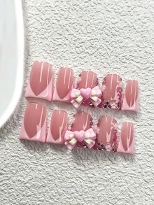 10pcs French Manicure Nail Stickers, Cute Nail Art Set, Petite 5-Petal Flowers, Pink Rhinestone Nail Decor, Pink Bow Nail Accessories, Nude Base, 3 Sizes: Almond, Duck Mouth, Coffin, Includes Tool Kit, Suitable For Women & Girls, Commute, Party, Valentine's Day, Daily Wear Nails Nail Supplies Handmade Press On Nails - 彩色 - 查看 12