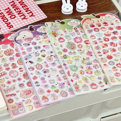 4pcs/Set 3D Crystal Cartoon Apple Park Stickers, Patterns Include Cute Apples, Pandas And Cats Doodles, Suitable For Photos Or Home Decor