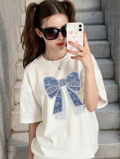 Tween Girl Cartoon Print Round Neck Short Sleeve T-Shirt