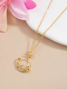 1pc Elegant Creative Design Planet & Star Pendant Necklace For Women - Gold 5 - View 2