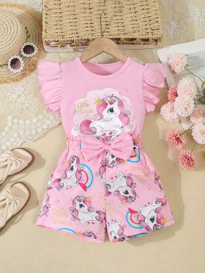 Young Girl Outdoor Cute Unicorn Print Cap Sleeve T-Shirt And Shorts Set, Casual Outfit