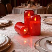 3pcs Acrylic Flameless Candles With Remote Control, Battery Powered LED Simulated Candles With Timer Function, Warm Light Decoration Lamp For Valentine's Day, Wedding, Holiday Party And Home Decor - Red - View 4
