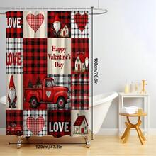 Conjunto multifuncional para banheiro com cortina de chuveiro, estampa xadrez e corações com a palavra "LOVE" (1 peça, 3 peças ou 4 peças), 12 ganchos inclusos, tapete de banheiro, tapete em formato de U e tapete redondo para vaso sanitário, perfeito para qualquer ocasião. Ideal para o Dia dos Namorados.