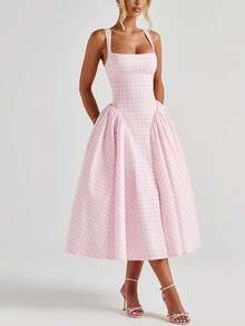 Women Sleeveless Corset Dress Summer Plaid Print Backless A-Line Party Dress For Vacation Cocktail Beach Streetwear - 粉色 - 查看 6