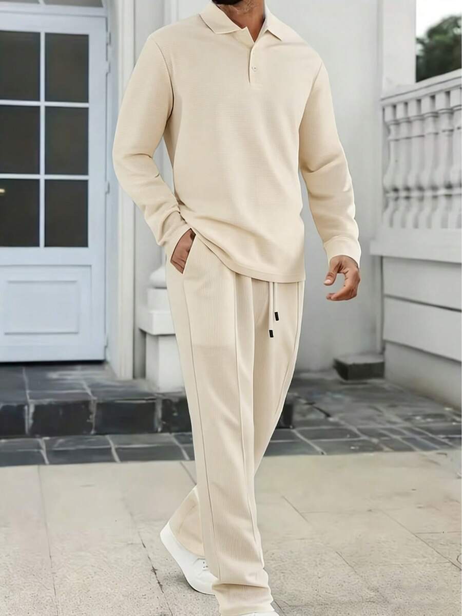 Men's 2-Piece Set: Long Sleeved Shirt And Drawstring Pants - Refreshing, Comfortable, Breathable - 卡其色 - 查看 1