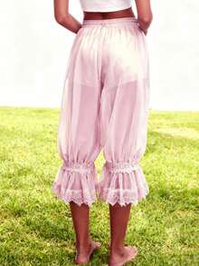 Women Long Bloomer Pants Lace Patchwork Drawstring Elastic Waist Victorian Capri Pants Lounge Pettipants - Rosa - Ver 3