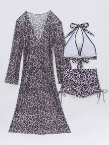 European And American Fashion 3 PiecesBikini Set, Full Body Leopard Print Bohemian Tie-Front Backless Beach Vacation Swimsuit - Grey - View 8