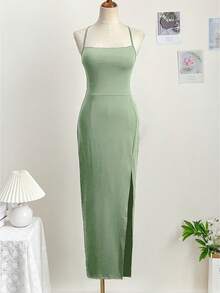 Women's Solid Color Backless Tie Strap High Slit Sexy Bodycon Slip Dress, Suitable For Valentine's Day Party - Pastel Green - View 4