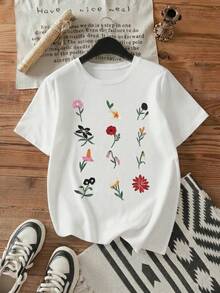 Camiseta casual de manga corta con cuello redondo y bordado floral para mujer, top versátil de moda de verano - Blanco - Ver 2