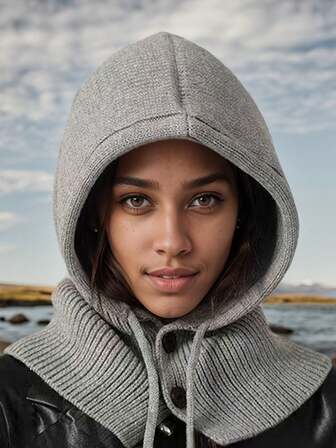 1 pieza Gorro de invierno y bufanda para mujer Pasamontañas de punto, Bufanda con capucha versátil y de moda para uso diario, Gorro con protección para las orejas para exteriores