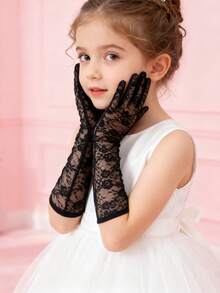 1 paire de gants de demoiselle d'honneur à fleurs en dentelle pour filles de 3 à 8 ans, gants élégants pour mariage, cérémonie et événement formel - Longue fleur en dentelle - Voir 9