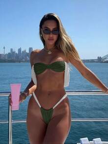 新款春夏性感休闲优雅绿白撞色沙滩度假派对约会比基尼泳衣（女款） - 彩色 - 查看 7