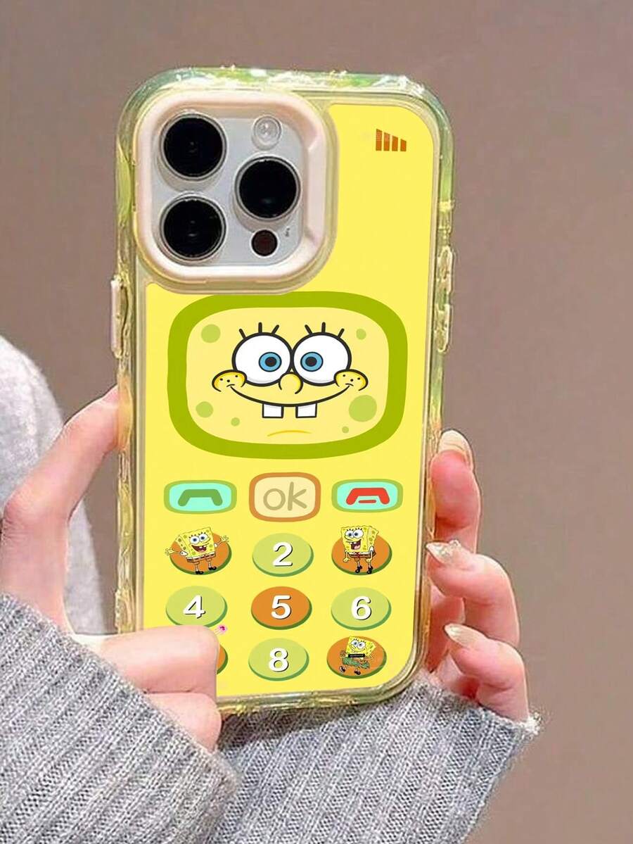1pc Yellow Spongebob Squarepants Phone Call Star Design Glossy Anti-Drop Phone Case Compatible With Apple 16/15/14/13/12/11 Pro Max/12 Pro/14 Plus And Other Models - Multicolor - View 1
