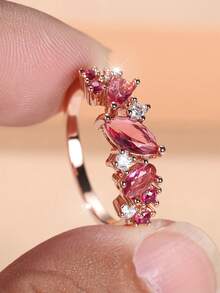 1 chiếc nhẫn Zirconia hai tông màu thanh lịch, đa năng, trang sức cao cấp dành cho nữ, món quà lý tưởng cho ngày Valentine. - Hoa hồng hồng - Xem 5