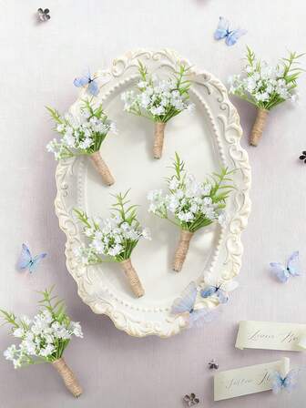 6 st bröllopsboutonniere för män, gypsophila brudgum marskalkar boutonniere, konstgjorda blommor för bröllopsdekor/bal/hemkomstfest