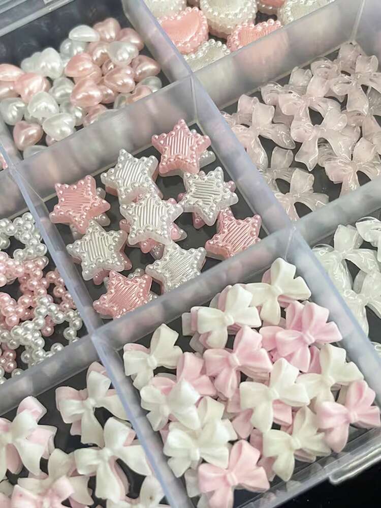 3D Nail Art Decorations, Suitable For Valentine's Day And Weddings, White & Pink Bow Nail Stickers + Assorted Pearl Heart Star Moon Bow Cute Nail Gems, Create Charming Nail Designs - New Year, Festival Nail Supplies, Flower Nail Decorations And Pearl Nail Stickers Nails - Multicolor - View 7