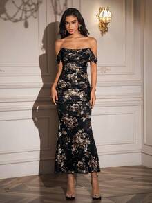 PARTHEA Off Shoulder Mermaid Hem Mesh Ruched Bodycon Long Dress - Black Gold - View 4