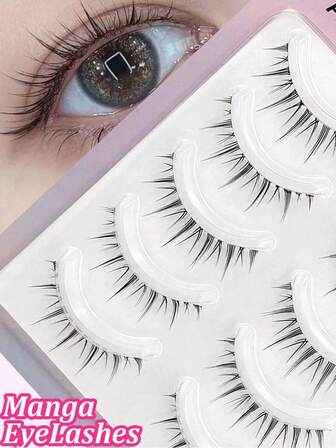 5对卡通风格假睫毛，自然柔软，透明塑料梗，恶魔与仙女图案