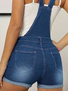 Women's Street Style Torn Imitation Denim Work Pants, Single Breasted Details, Stretch Fabric, Solid Color, Spring And Summer Season, Casual Worn-Out Denim Jumpsuit - Rửa nhẹ - Xem 6