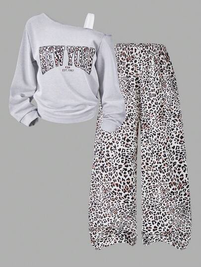 Flickors casual minimalistisk gatustil retro leopardmönster New York-sloganmönster färgblockerande off-shoulder-tröja med vid halsringning och långärmad leopardmönstrade byxor, grå höst-, vinter- och höst-off-shoulder-tröja New York-sportkläder off-shoulder-topp leopardmönster leopardmönster leopardmönstrade byxor, lämplig för vår och höst dagligen utomhusbruk campus resor