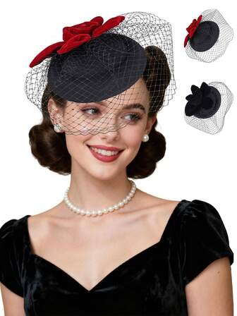 1Pc Women Fascinators Hat Hair Clip Church Wedding Tea Party Flower Pillbox Hat With Veil Hair Accessories