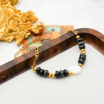 复古设计天然石材和不锈钢串珠手链，18K镀金，高端品质，不褪色，适合女性日常佩戴或参加派对活动