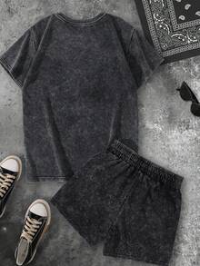 Bộ đồ hai mảnh dáng thường ngày cho nữ, gồm áo thun in hình đại bàng Los Angeles và quần short cạp chun có túi, màu đen. - màu đen - Xem 2