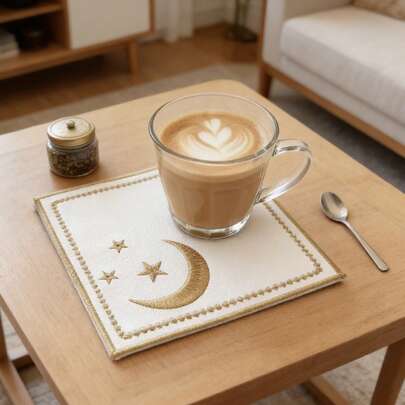 4/1 قطعة من بطانات الأكواب من الجلد بنمط النجوم والقمر، بطانات أكواب لديكور رمضان، ديكور أدوات المائدة، بطانات أكواب القهوة والشاي
