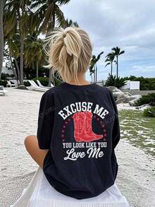 EXCUSE ME Ladies' Summer Street Red Boot Pattern Personalized Print Pattern Round Neck T-Shirt Western Style Clothing Women's Top. Graphic Tees Women Pink Top-White And Navy Off-The-Shoulder Cropped Top- Unisexideal Para Amigos - 黑色 - 查看 6