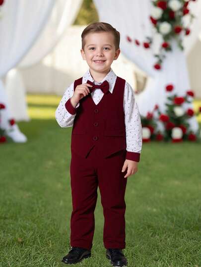 BOARNSEORL Young Boys 3-Piece Gentleman Set: White Shirt With Bow Tie, Red Vest And Pants, Fashionable Suitable For Birthday Party, Banquet, Wedding, 1st Month/Year Celebration