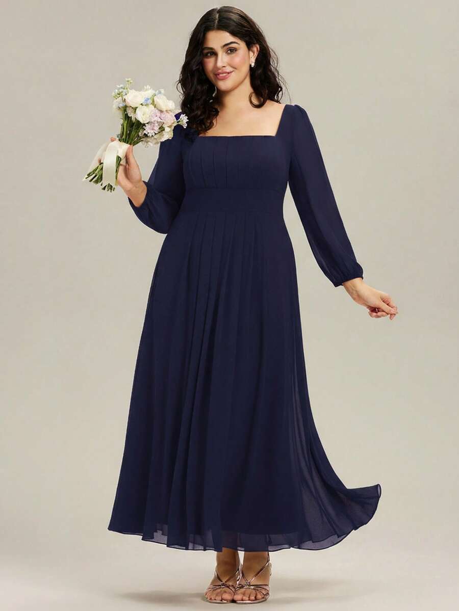 Elegant Chiffon Lantern Sleeve Bridesmaid Dress Wedding Guest Gown For Wedding - Navy Blue - View 1