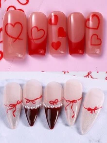 7片蝴蝶结心形美甲贴纸，优雅的红色爱心蝴蝶结图案美甲贴纸，可爱甜美的DIY美甲装饰，轻松打造精致的手足护理美甲饰品 - 彩色 - 查看 6