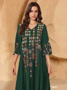 Women's V-Neck Embroidered Elegant Everyday Arabic Dress Eid - Dark Green - View 8