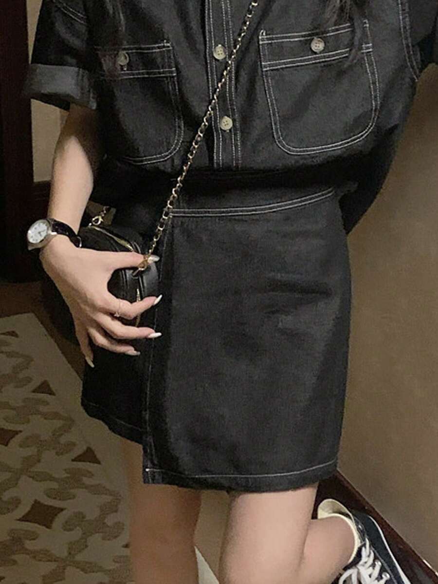 新款不对称下摆女士休闲裹身牛仔迷你裙 - 黑色 - 查看 1