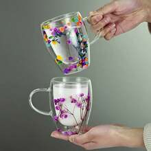 Taza de vidrio de doble capa con patrón de flores creativas, taza de café con aislamiento de borosilicato alto, vasos de cocina, accesorios para el hogar - Púrpura estrellado - Ver 7