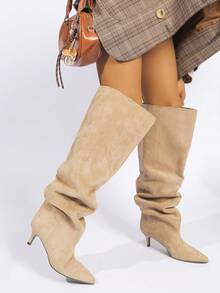 Pointed Toe Solid Color Western Style Kitten Heel Ankle Boots, Autumn/Winter - 176P KHAKI - View 3